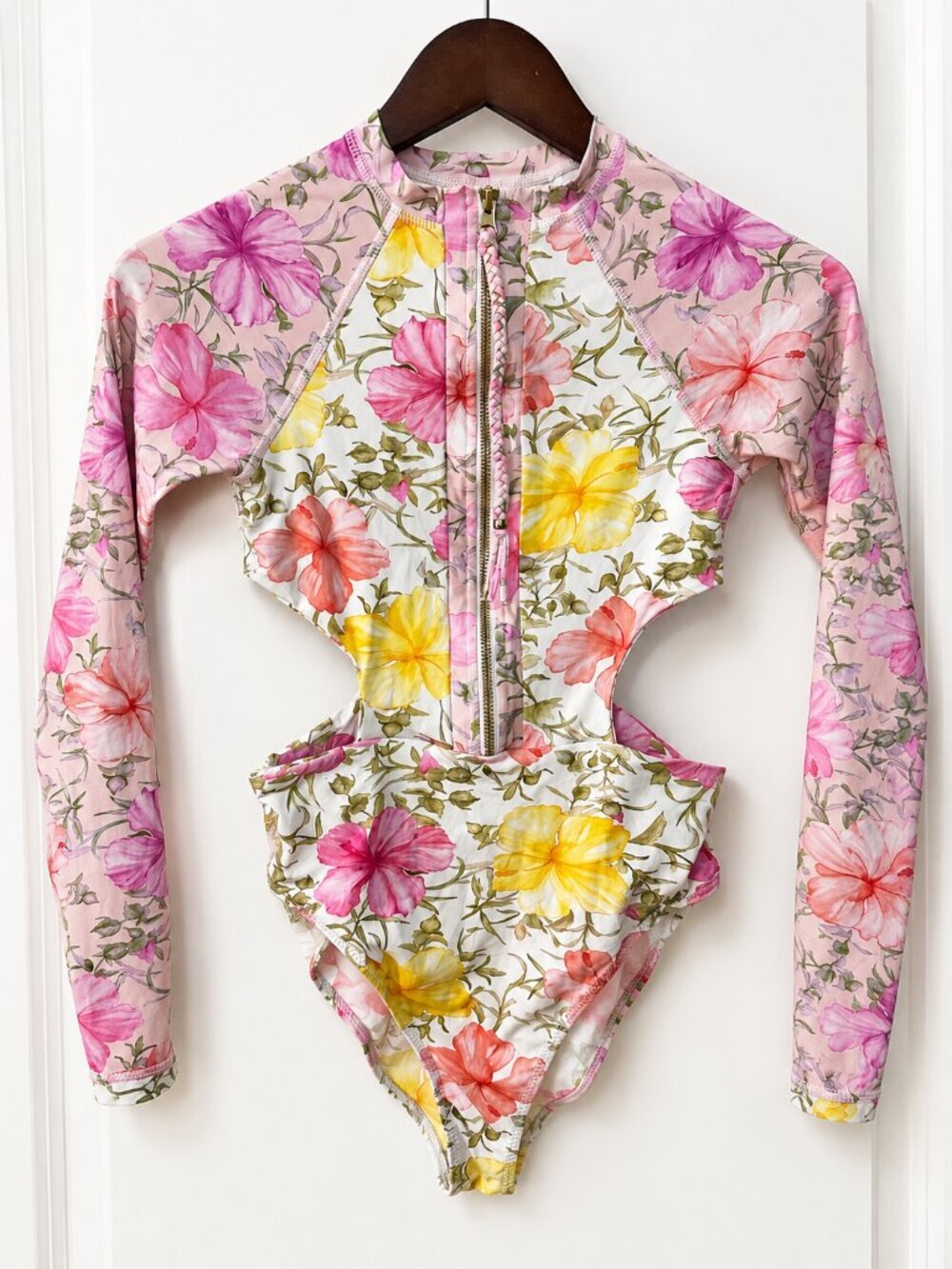 LoveShackFancy Hurley Floral Peplum One Piece Swimsuit Rash Guard Zip Small